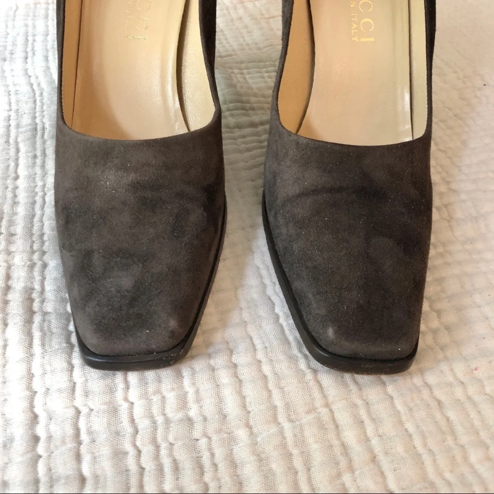 Gucci | Brown Suede Stacked Square Toe Heels